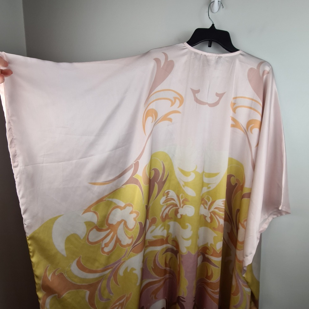Floral Satin Kaftan Maxi Dress Made in India Oversized Boho Robe Pink Yellow - Picture 5 of 6